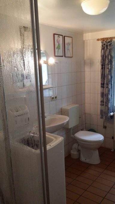 Badezimmer mit Dusche, Waschbecken, Toilette und Fenstervorhang.