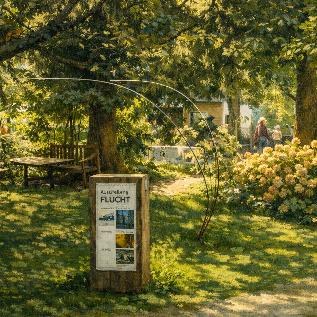 Ein schöner Garten mit Blumen, Bäumen und einem Schild zu einer Ausstellung