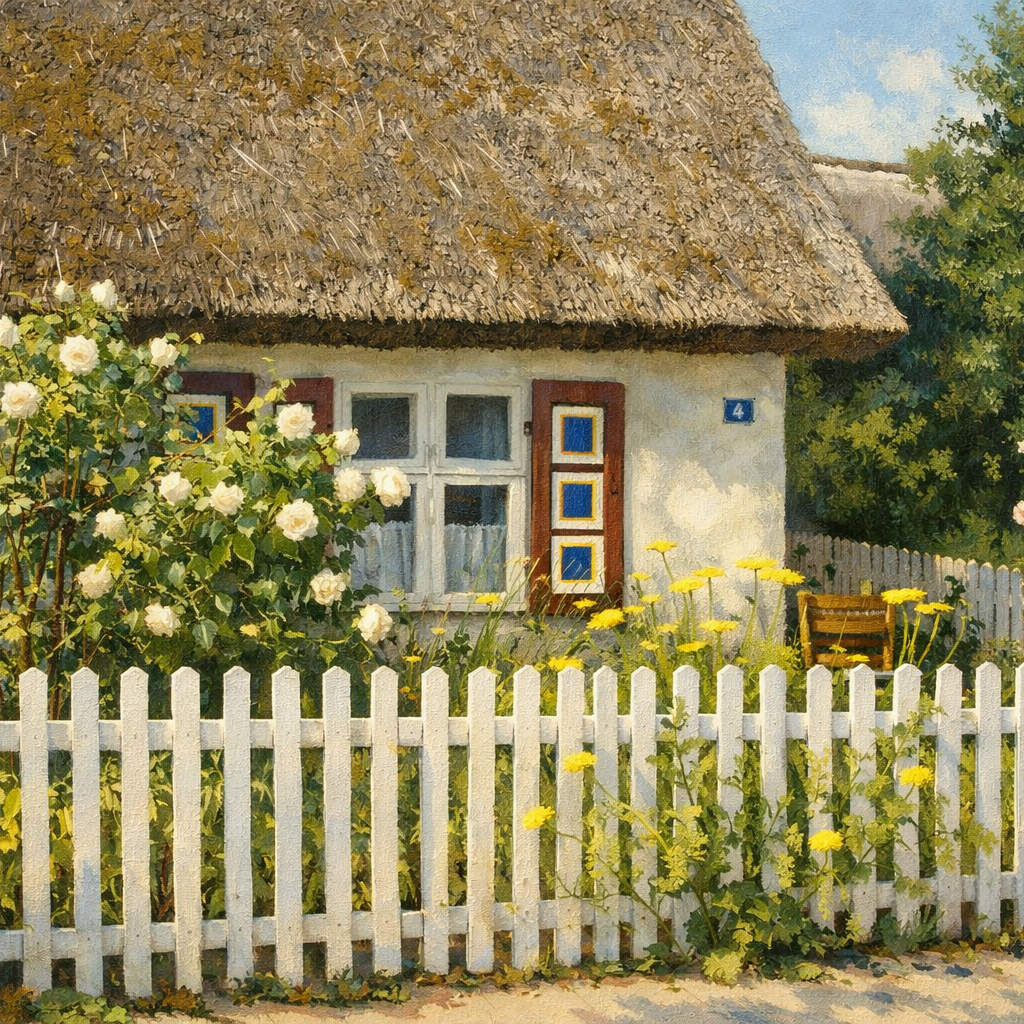 Reetdachhaus mit bunten Fensterläden, umgeben von Blumen und einem weißen Zaun.