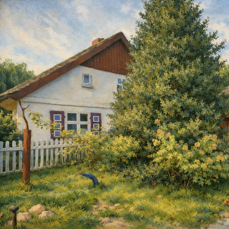 Ein traditionelles Haus mit einem großen Baum und bunten Fensterrahmen in einer grünen Umgebung.