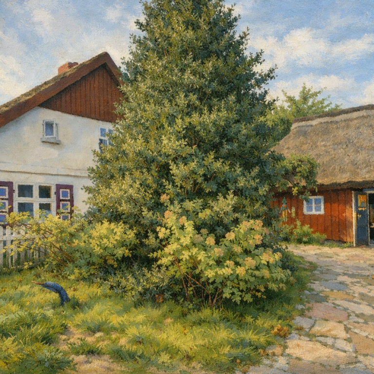 Das traditionelle Kapitänshaus mit Reetdach und einem großen Baum im Vordergrund.