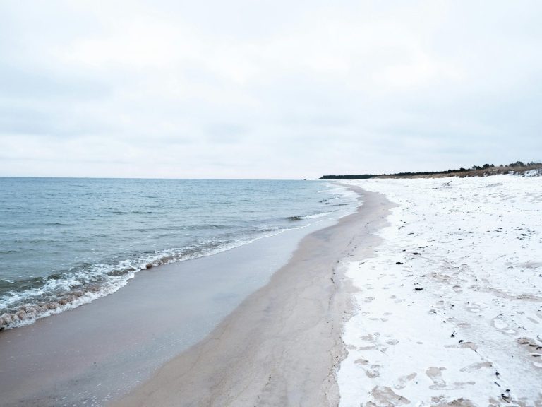 Ein ruhiger Strand mit Schnee und Wellen, unter einem grauen Himmel.