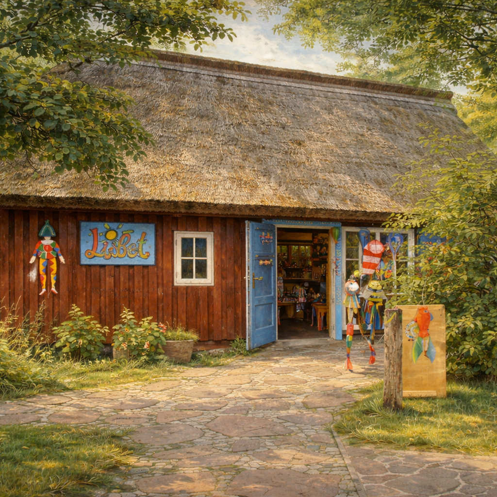 Geschäft im traditionellen Reetdachhaus und bunten Dekorationen im Freien.